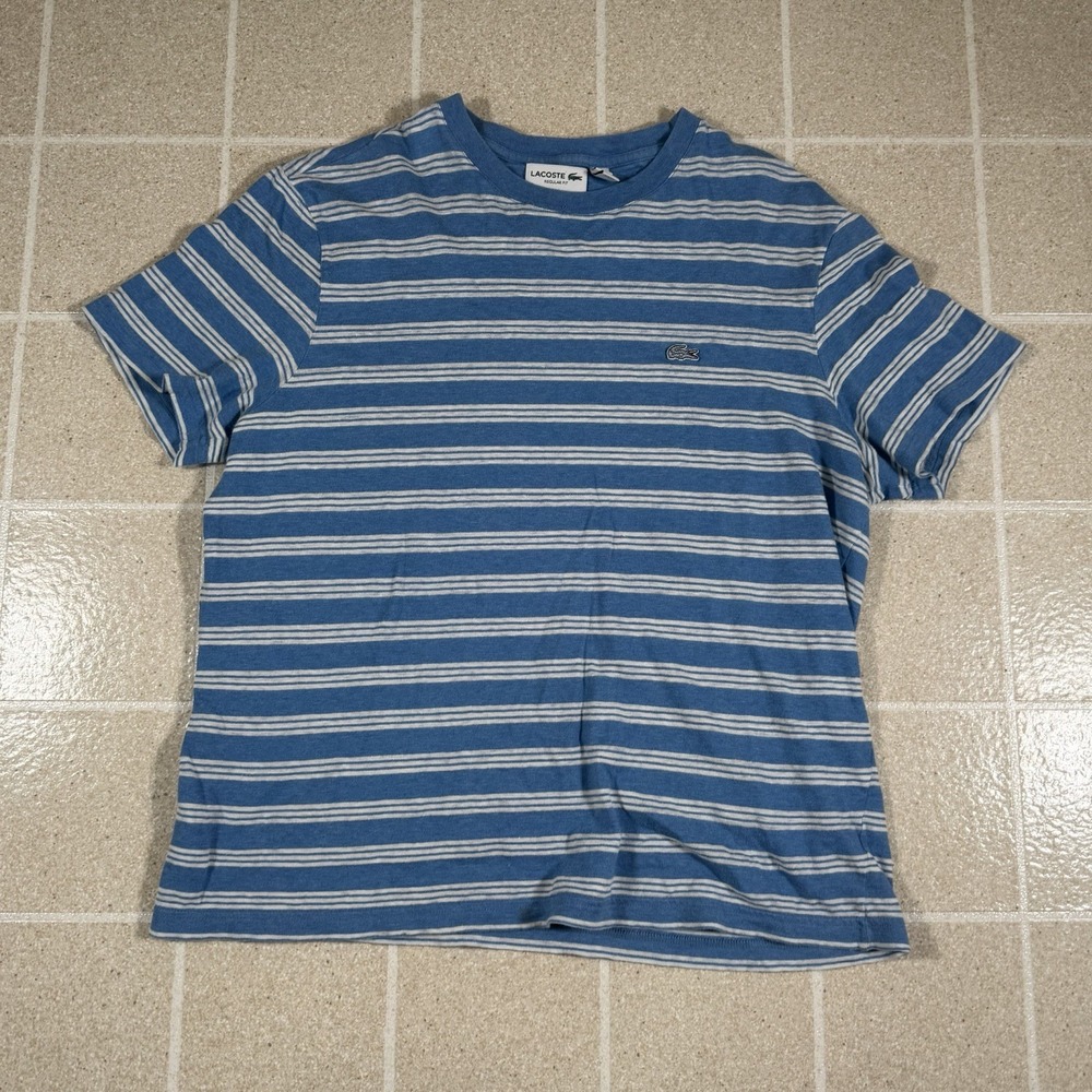 Men's Lacoste Blue White Stripe Tshirt Linen Blend Size XL Preppy Blue Gator